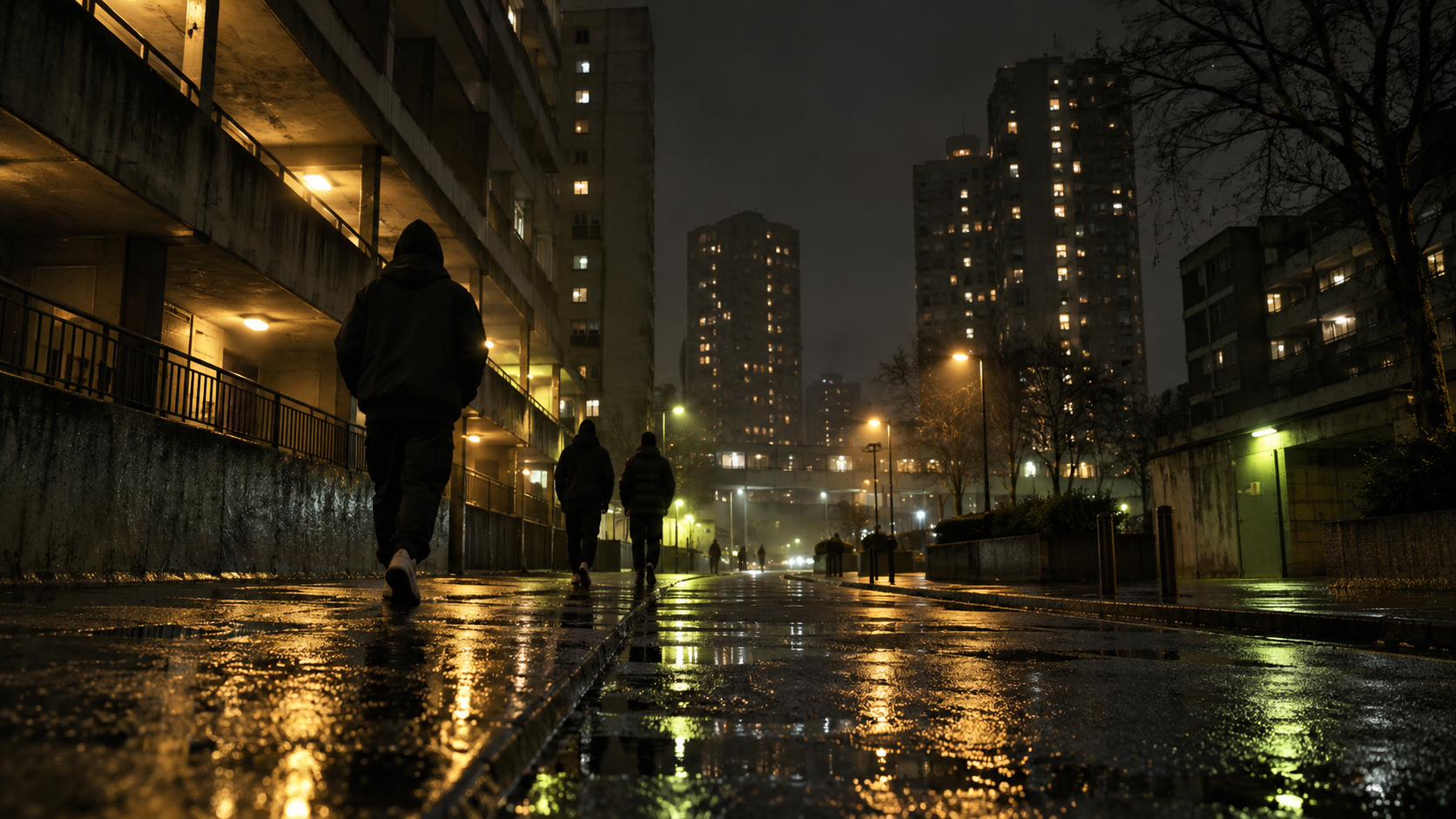 Rain-lit housing estate at night with anonymous figures walking away