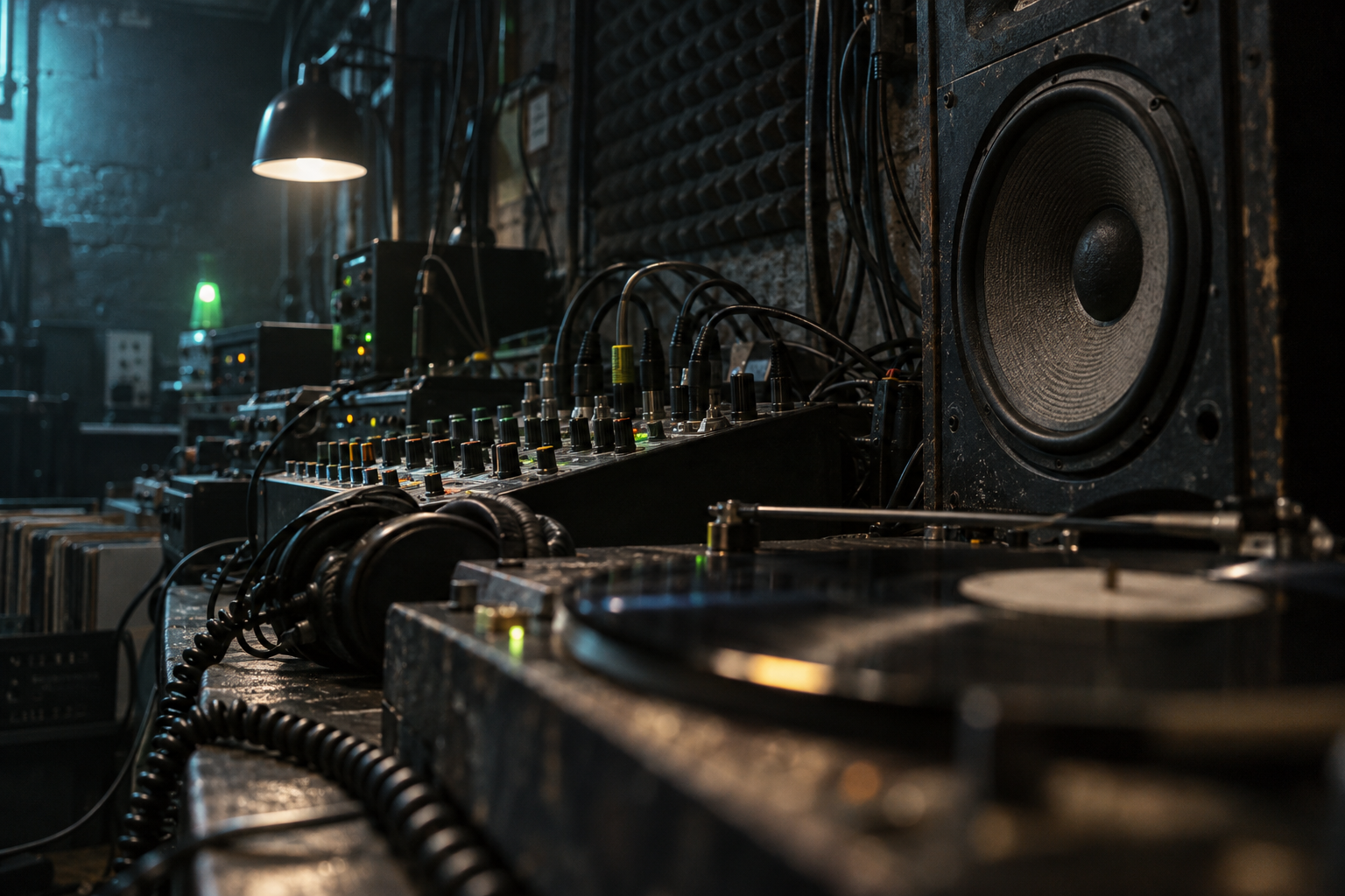 Underground radio room with mixing equipment and speaker