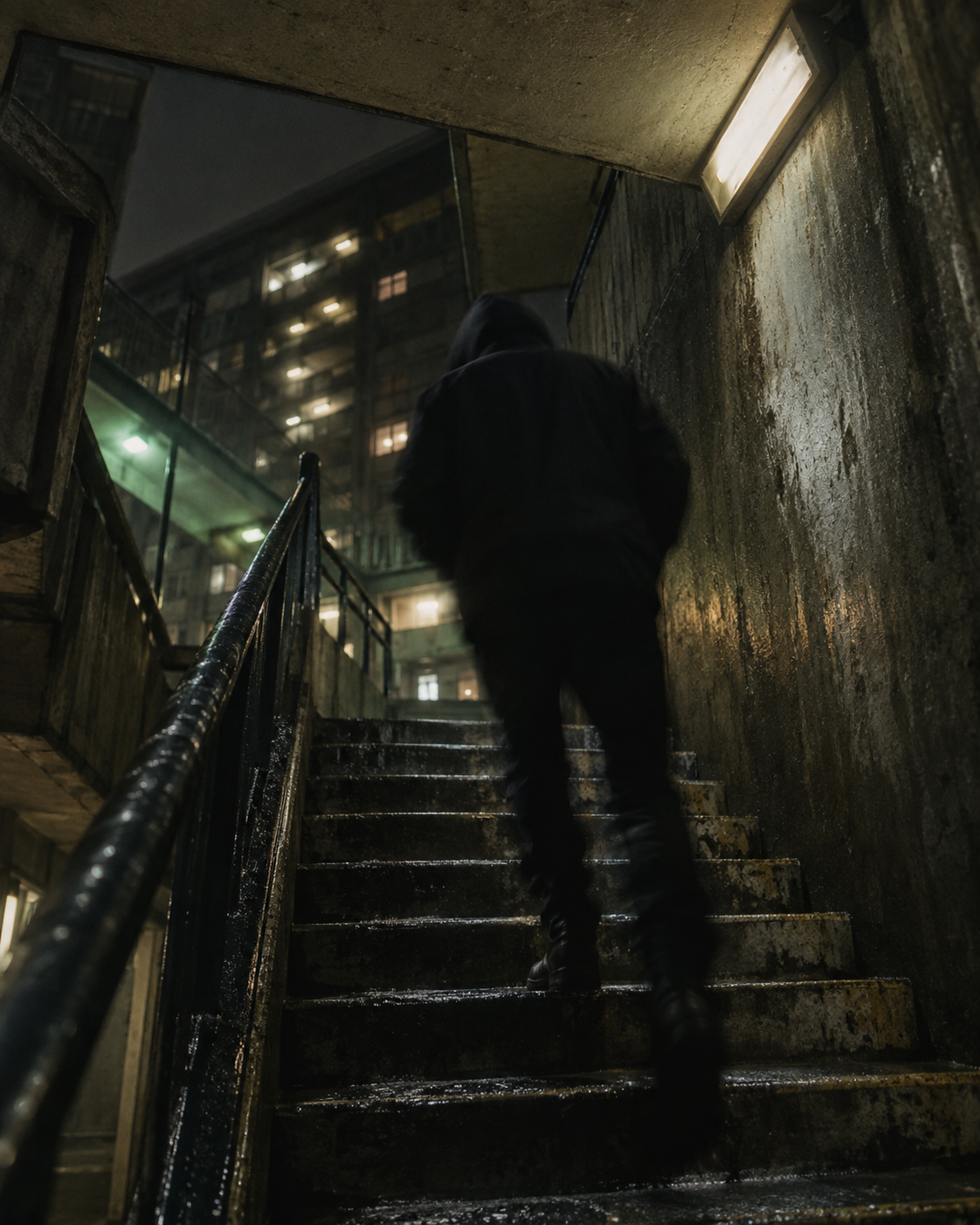 Anonymous figure moving through a concrete stairwell